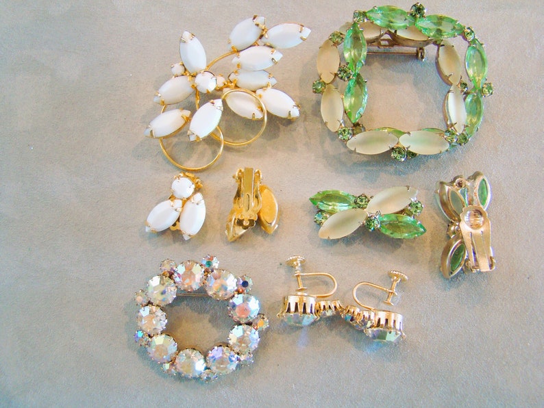 Lot of Vintage Opaque Camphor Glass Rhinestone Pin Brooch Earring Sets image 4