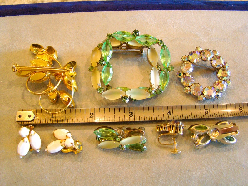 Lot of Vintage Opaque Camphor Glass Rhinestone Pin Brooch Earring Sets image 7