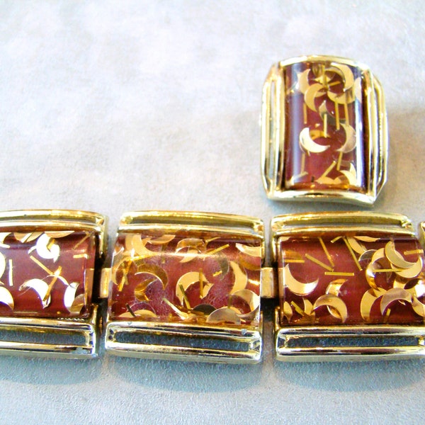 Vintage Retro LUCITE CONFETTI Bracelet and Earring Set Demi Parure