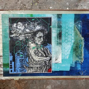 Chad Dugas original nyc 2004 Swoon street art photography.  montado sobre madera antigua recuperada.  hermosa decadencia. abstracto urbano.