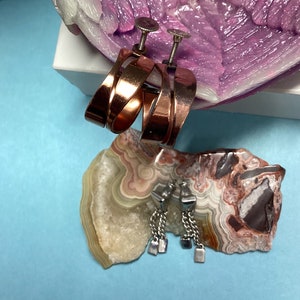 Vintage style screw back earrings copper Renoir art deco and silver dangle block earrings Monet pierced earrings.