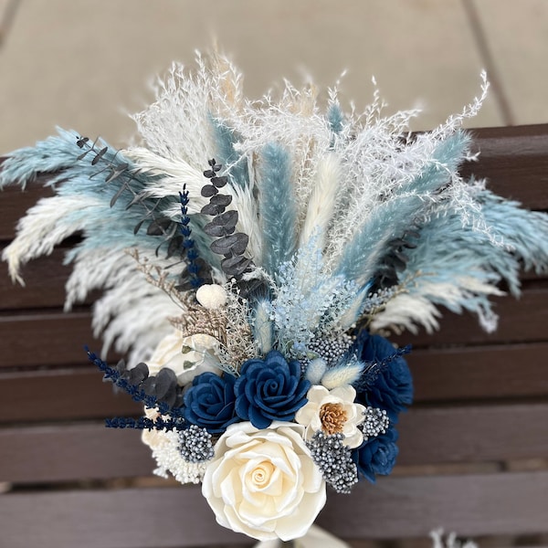 Blue bouquet, navy blue boho bouquet, boho bouquet, sola wood bouquet, navy bouquet