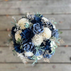 Navy blue sola wood bouquet, Navy blue and dusty blue bouquet, Navy blue and cream bouquet, sola wood bouquet, wood flowers, dried flowers