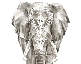 Watercolor Elephant, Watercolor Elephant with henna print