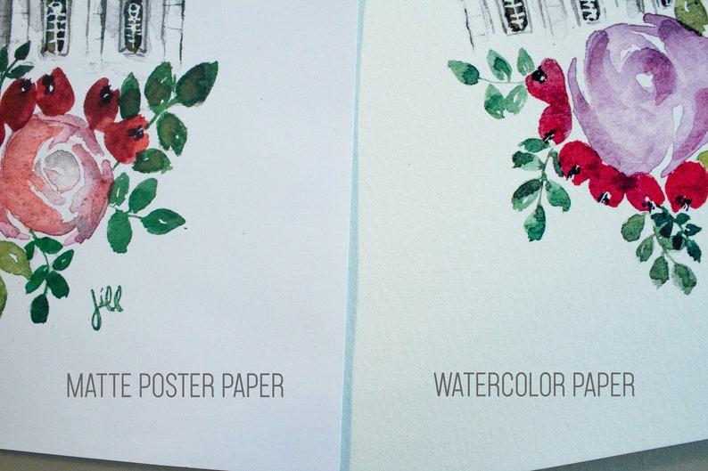 May include: Two watercolor paintings of a rose with red berries and green leaves. The painting on the left is on matte poster paper and the painting on the right is on watercolor paper. The text "MATTE POSTER PAPER" is below the painting on the left and the text "WATERCOLOR PAPER" is below the painting on the right.