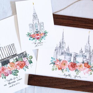 May include: Three watercolor paintings of different temples with floral wreaths and personalized text. The first painting is of the Salt Lake Temple with the text "Together Forever, The Meyers Family, March 24, 2013". The second painting is of the St. Johns Temple with the text "St. Johns, July 22, 2017". The third painting is of the Provo Temple with the text "Together Forever".