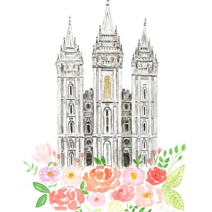 May include: Watercolor painting of a white building with a golden statue on top, surrounded by pink and peach flowers. The building has a tall spire and multiple towers. The flowers are arranged in a cluster at the bottom of the image.