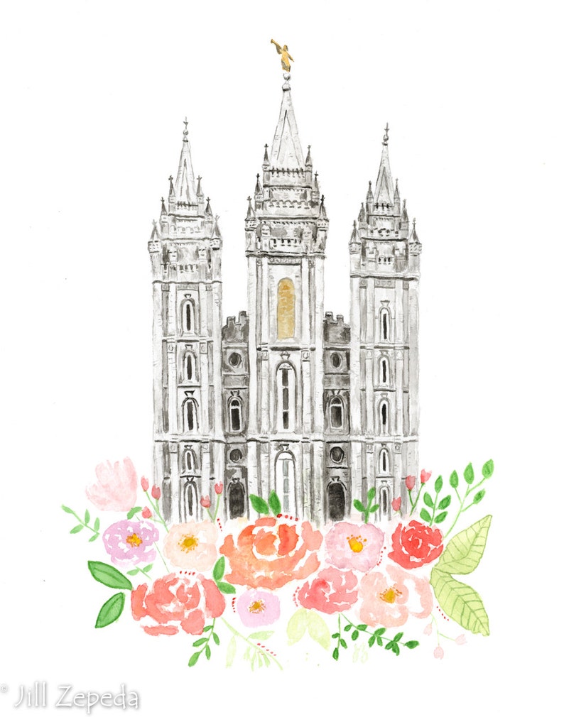 May include: Watercolor painting of a white building with a golden statue on top, surrounded by pink and peach flowers. The building has a tall spire and multiple towers. The flowers are arranged in a cluster at the bottom of the image.