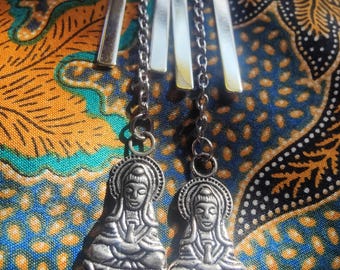 silver bow & Buddha chain earrings