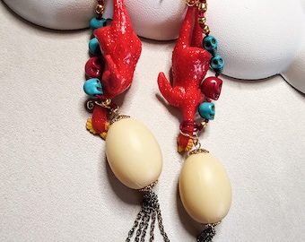 Chicken or Egg Acrylic Earrings: Golden Tassels & Howlite Skulls