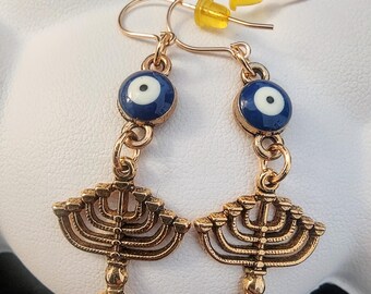 gold evil eye & menorah earrings