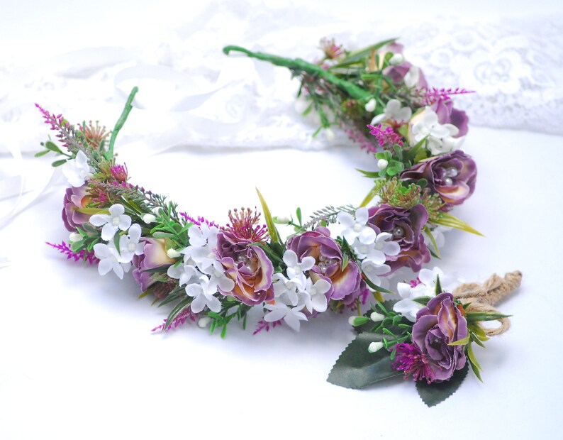 Wedding Flower Crown Groom/'s Boutonniere Flower crown Boutonniere set half wreath Floral Head Wreath Bridal Headpiece Wedding flowers button