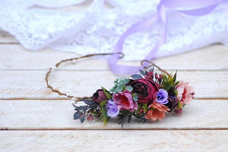 Burgundy purple flower crown Wedding flower crown Wedding flowers Bridal headpice Flower hair wreath Flower hair wreath Flower halo