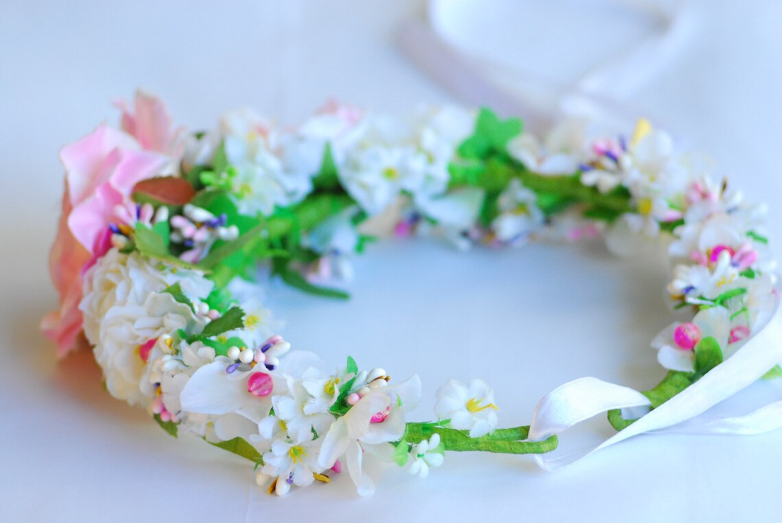 Pink floral crown wedding flower crown Girl flower crown Etsy