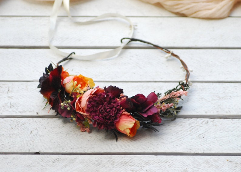 Salmon Burgundy flower crown Bridal hair wreath Wedding flower belt Floral crown Wedding crown Flower comb Wedding flower halo Bridal wreath