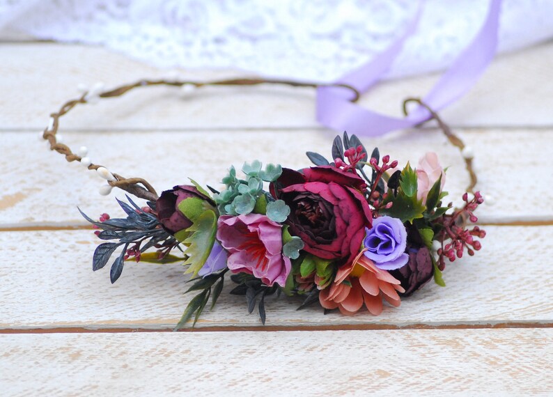 Burgundy purple flower crown Wedding flower crown Wedding flowers Bridal headpice Flower hair wreath Flower hair wreath Flower halo