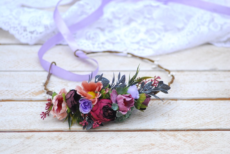 Burgundy purple flower crown Wedding flower crown Wedding flowers Bridal headpice Flower hair wreath Flower hair wreath Flower halo