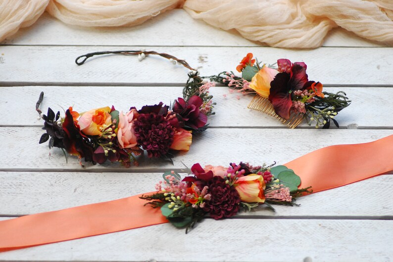 Salmon Burgundy flower crown Bridal hair wreath Wedding flower belt Floral crown Wedding crown Flower comb Wedding flower halo Bridal wreath