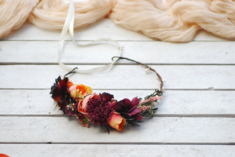 Salmon Burgundy flower crown Bridal hair wreath Wedding flower belt Floral crown Wedding crown Flower comb Wedding flower halo Bridal wreath