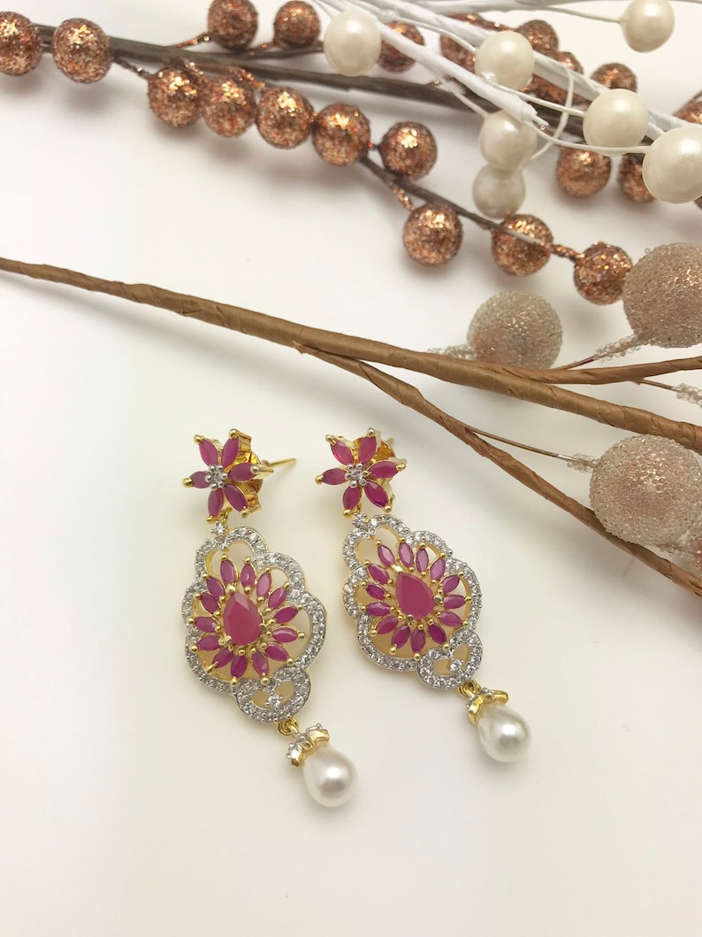 Pink onyx and Cubic zirconoum Earrings. New Arrival