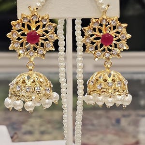 Indian Golden Jadau Hydrabadi Jhumki with Saharay | Gold polished | Comfortable Light Weight | Bridal Jewelry |