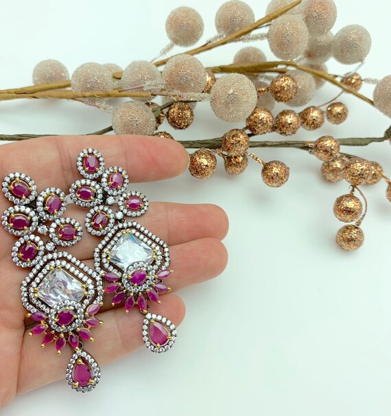 New collection, american diamond statement earrings, pink onyx ruby, silver plated.