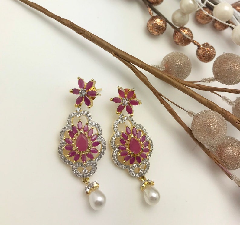 Pink onyx and Cubic zirconoum Earrings. New Arrival