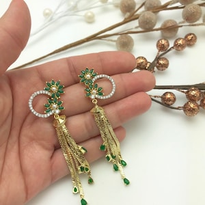 Green emerald onyx and american diamond statement earrings