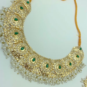 Latest Collection, Indian Jadau Naurathan Jewelry set, Golden indian jewelry set, Jhumki, indian jewelry, hydrabadi jewelry.