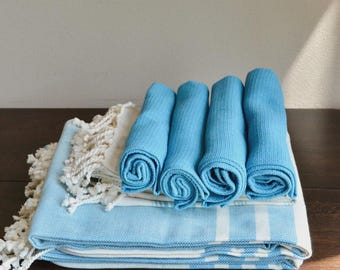 Juego de 4 paños de cocina de algodón orgánico azul – Tejidos a mano, paños multiusos
