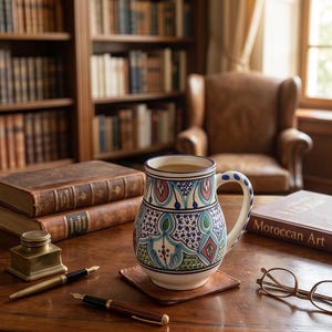 May include: A white ceramic mug with a blue, pink, and green patterned design, filled with a beverage, sits on a brown coaster. The mug is on a wooden table with books, pens, and a book titled "Moroccan Art".