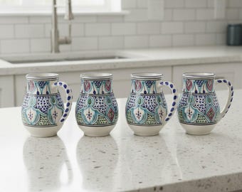 Juego de 4 tazas Amira de 473 ml (16 oz) – Tazas de café y té de cerámica pintadas a mano / Cerámica tunecina