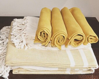 Juego de 4 paños de cocina de algodón orgánico color beige – Tejidos a mano, paños multiusos