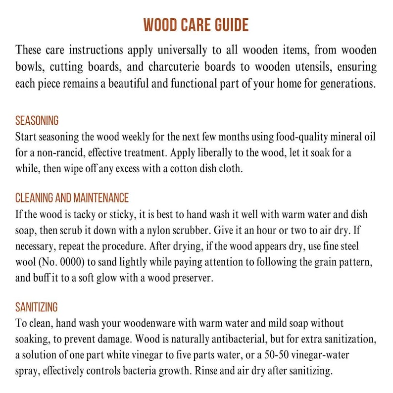 Puede incluir: Un documento informativo blanco titulado WOOD CARE GUIDE con texto en marr&oacute;n. Proporciona instrucciones para el cuidado, limpieza, mantenimiento y desinfecci&oacute;n de art&iacute;culos de madera como cuencos y tablas usando aceite mineral, jab&oacute;n y vinagre.