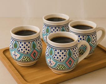 Juego de 4 tazas pequeñas de café de 355 ml (12 oz) – Cerámica pintada a mano