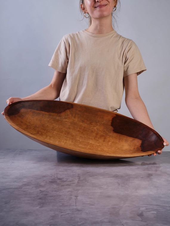 XXL 28" Hand-Carved Oval Wooden Bowl. Use as Centerpiece or Serving.