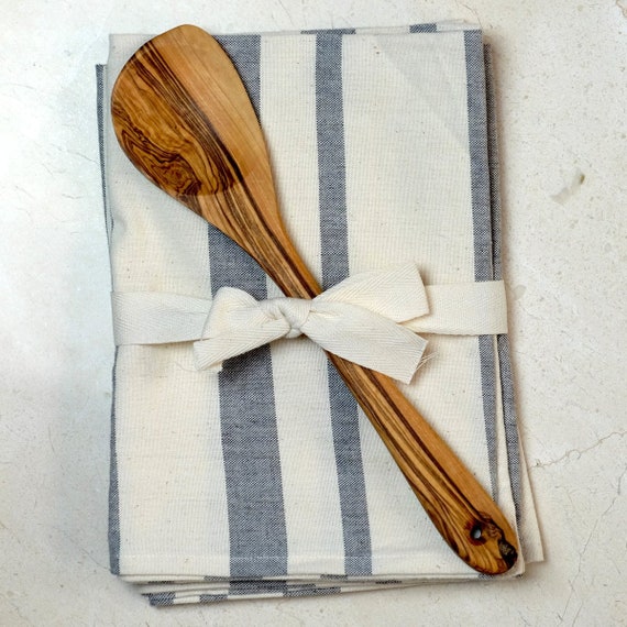 Farmhouse Dish Towels and Olive Wood Spoon Gift Set Gift for Cook Wedding  Gift Bridal Shower Housewarming Gift Chef Gift 