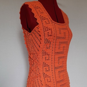 Summer crochet lace orange cotton tunic, beach crochet tunic without sleeves, lace mini dress