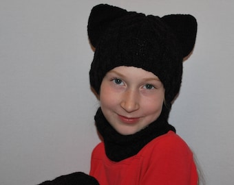 Cat hat and collar set, Cat ear hat, Cat beanie, Cat ear beanie, Kitty hat, gift for child, Hand knitted snood, Handmade, Knitted cat hat