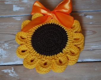 Posavasos de girasol de ganchillo: juego de 6, decoración del hogar