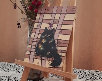 Pintura acrílica de gato navideño: decoración navideña caprichosa (15,9 x 19,9 cm)