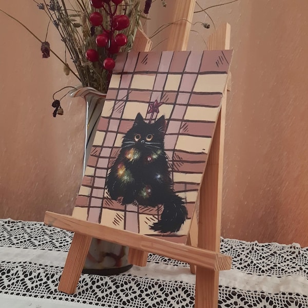 Christmas Cat Acrylic Painting: Whimsical Holiday Decor (5.9x7.9")