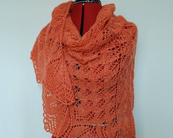 Knitted light coral lace shawl, hand knit mohair wrap shawl