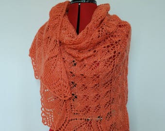 Knitted light coral lace shawl, hand knit mohair wrap shawl