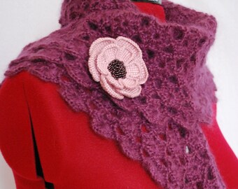 Crocheted small plum lace shawl, plum mohair wrap,  triangle baktus