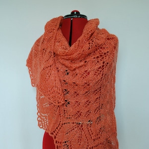 Knitted light coral lace shawl, hand knit mohair wrap shawl
