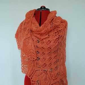 Knitted light coral lace shawl, hand knit mohair wrap shawl image 1