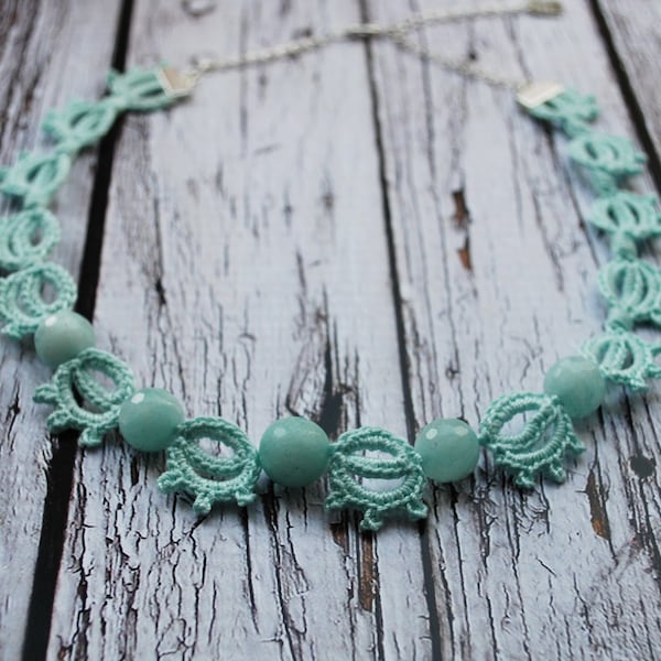 Crochet mint cotton choker with beads, lace necklace, gift for her