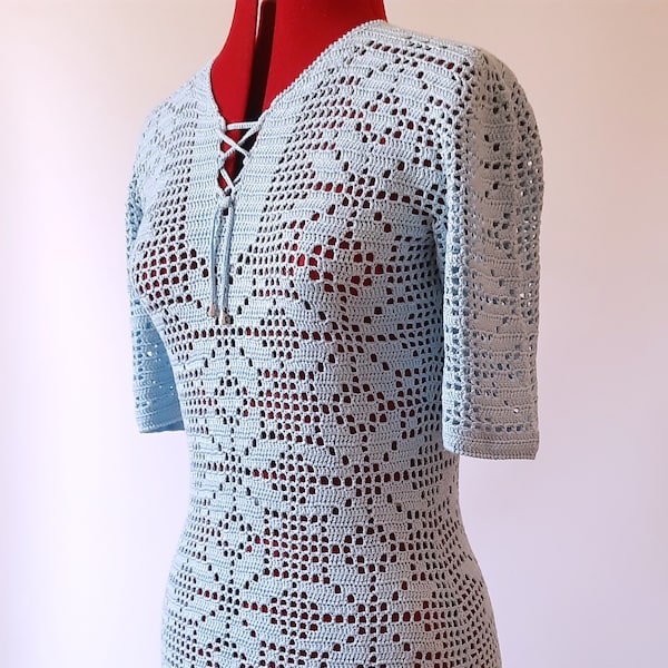 Crochet Lace Tunic Dress: Sky Blue Cotton Blend Beach Cover-Up