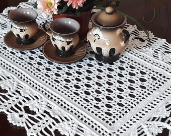 Tapete de algodón para ganchillo: Camino de mesa blanco, decoración del hogar (22,4 x 16,1 pulgadas)